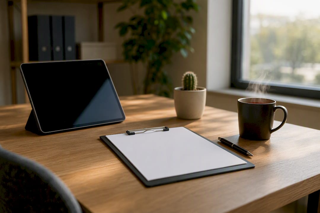 Werkplek met tablet voor verzekeringschecklist en koffie