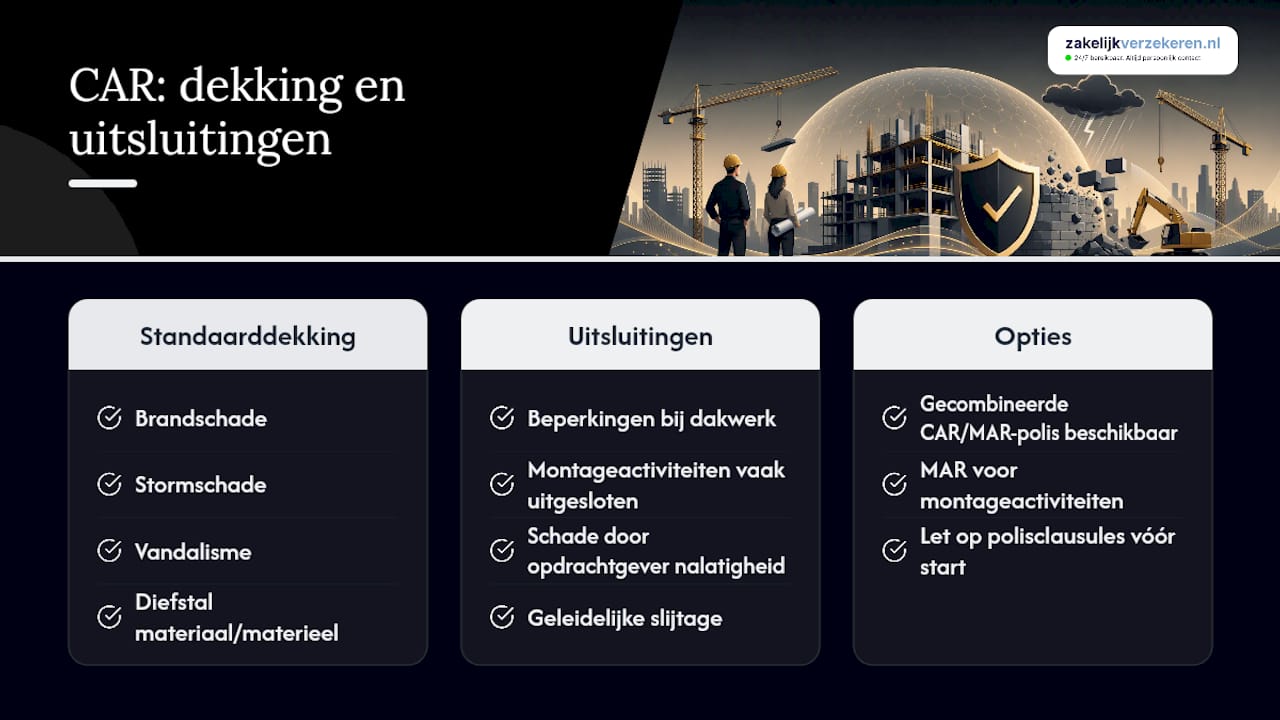 Wat dekt een CAR meestal? Kernbepalingen en uitsluitingen — overview diagram