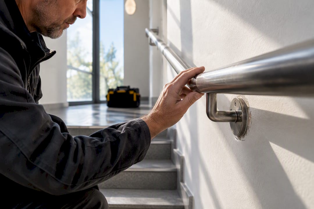 Beheerder inspecteert trapleuning in appartementencomplex