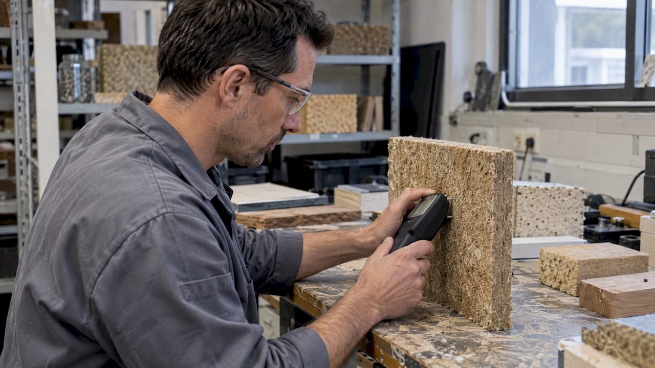 Technicus controleert vochtgehalte in biobased bouwpaneel